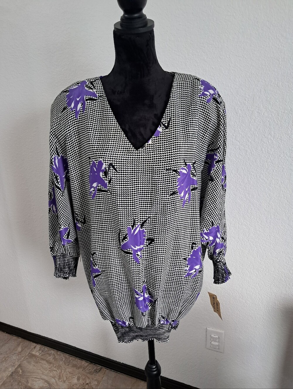 Vntg 80's Aries Woman Blouse Sz 16 NWT Houndstooth Purple Floral V-Neck Blouson